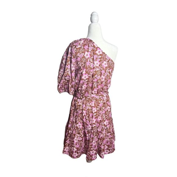 Jason Wu One Shoulder Puff Sleeve Floral Belted‎ Mini Dress Pink Tan Size Large - Picture 3 of 7